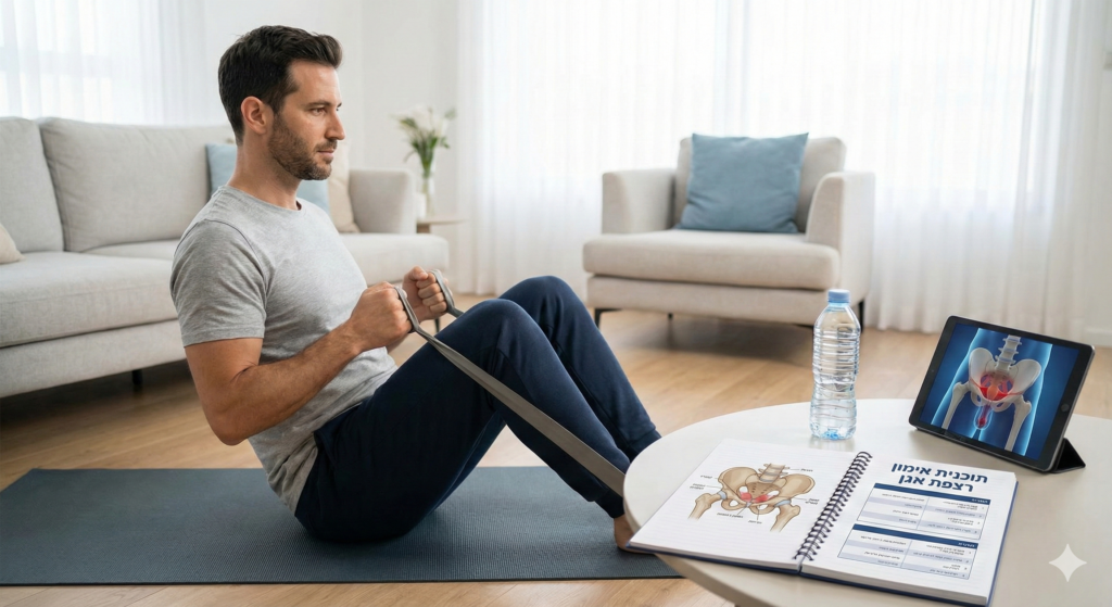 תרגילי קיגל לגברים - המדריך המלא לחיזוק רצפת האגן 1 גבר מבצע תרגילי רצפת אגן לגברים (קיגל) בבית בעזרת תוכנית אימון מובנית וטאבלט עם הדמיה אנטומית.