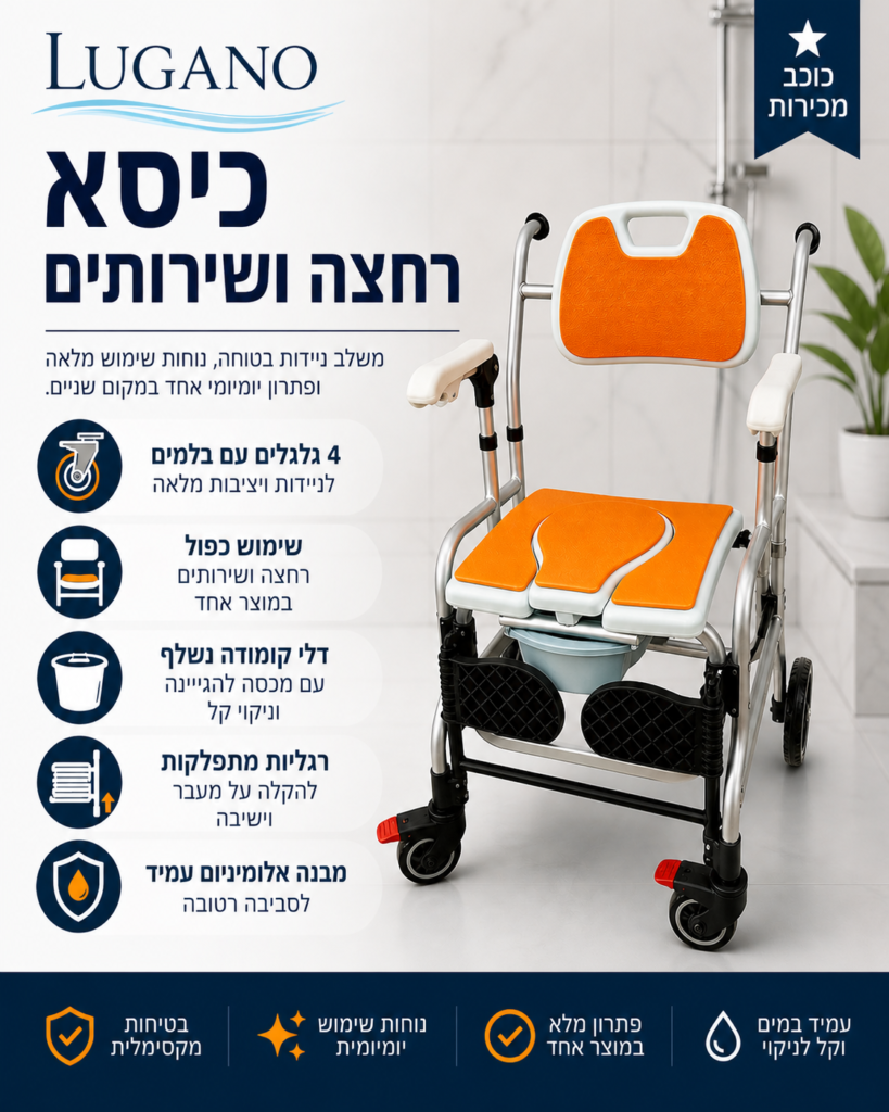 כיסא רחצה ושירותים קומוד איכותי כולל בלמים ורגליות | Lugano 12 כיסא רחצה ושירותים לוגנו (Lugano) משלב ניידות בטוחה, נוחות שימוש מלאה ופתרון יומיומי אחד במקום שניים.