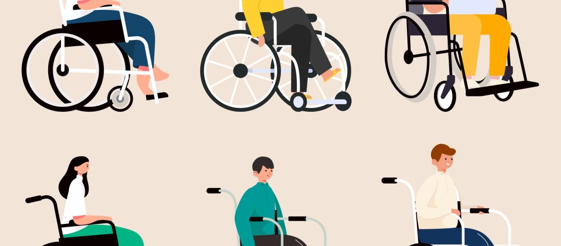 Disabilities people with variety of activities on wheelchair, use smartphone or working on laptop in cartoon character, flat vector illustration
